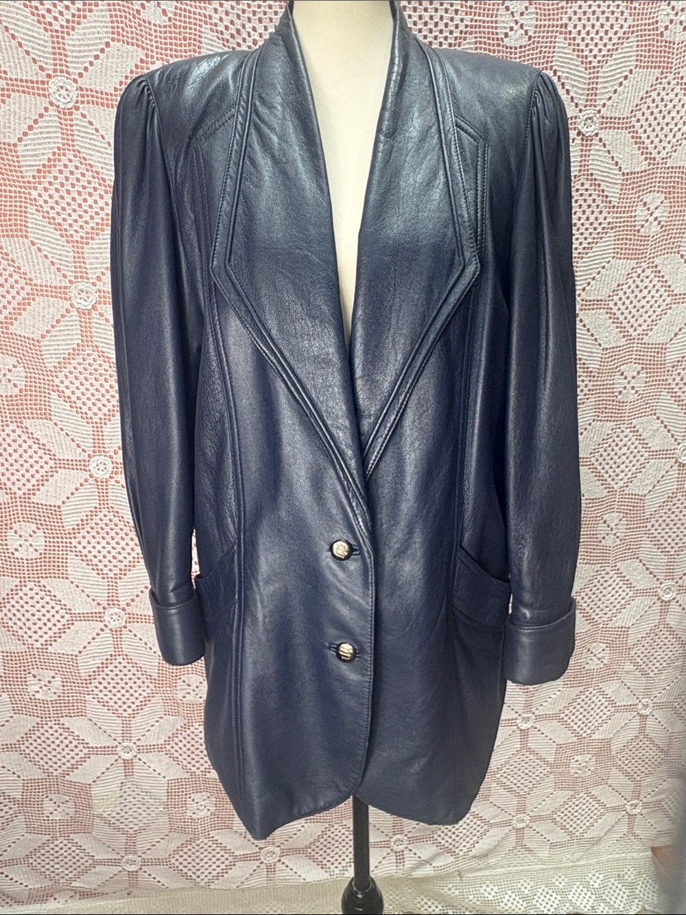 Vintage 80s Mary Laurens Navy Leather Blazer Coat